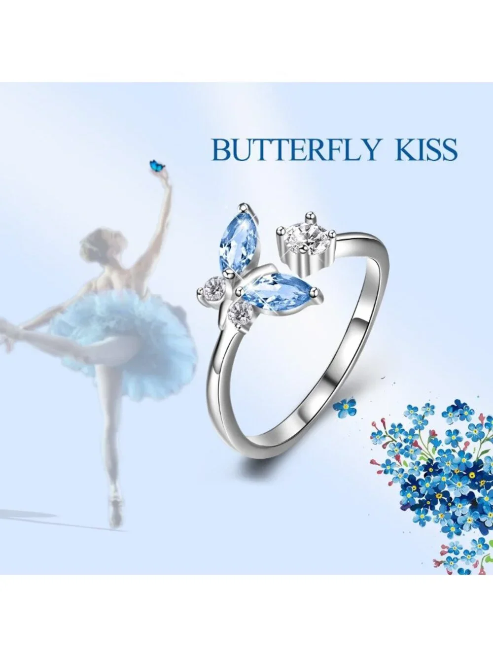 Sterling Silver Butterfly Adjustable Ring with Austrian Crystal, Size 6-10, Gift